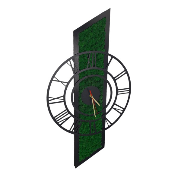 Asymmetrical wall clock, decorated with stabilized natural lichens, 65 x 16 cm